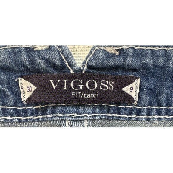 Vigoss Womens Capri Jeans Size 9 Mid-Rise Blue Denim Stretch Embroidered Pockets - Picture 2 of 12